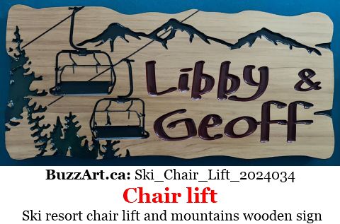 Ski resort chair lift and mountains wooden sign